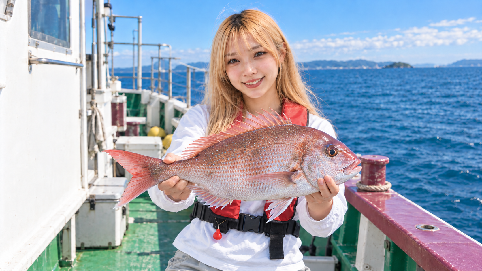 船内で女性が自然な色ムラのあるマダイを横向きに持って釣果を見せるイメージ