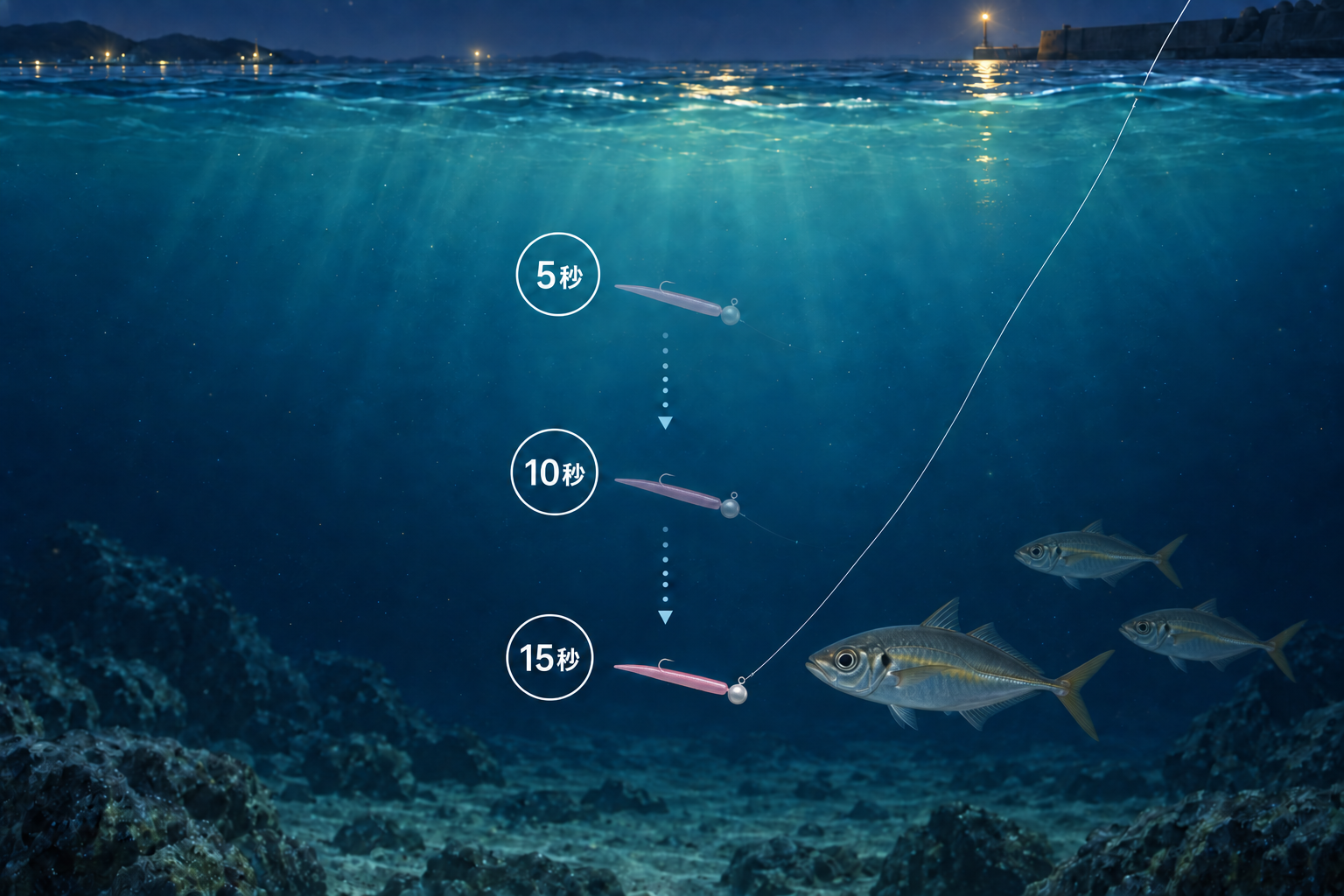 着水後に5秒、10秒、15秒と数え、アジがいる深さまでジグヘッドワームを沈めるイメージ