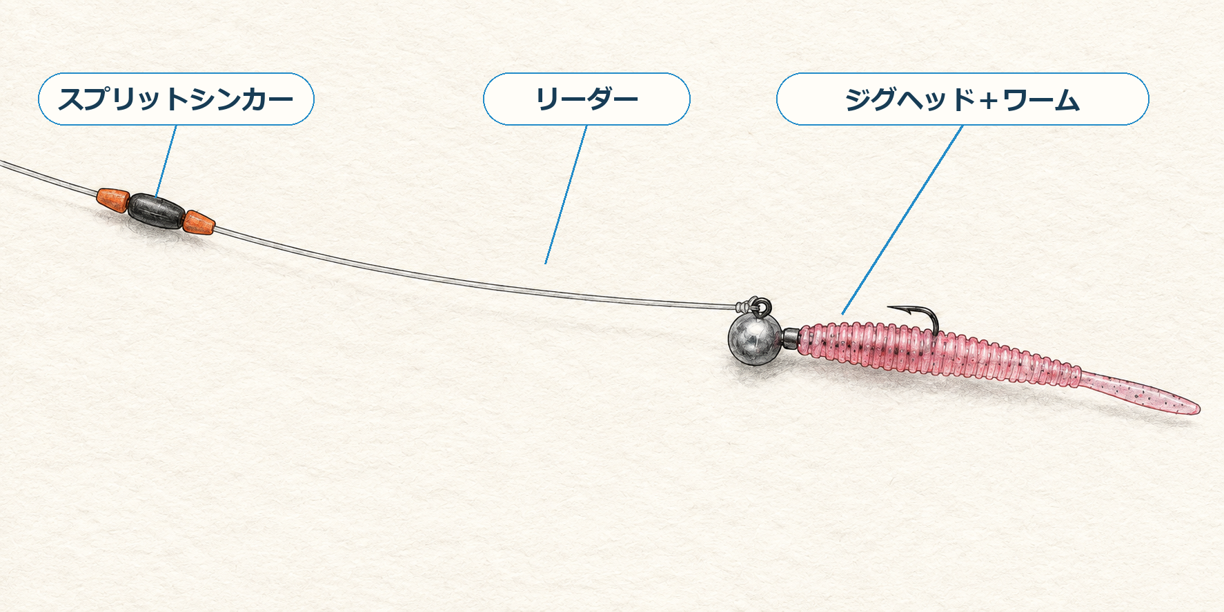 アジングのスプリットショットリグ。ラインに固定したスプリットシンカーから、リーダー、ジグヘッドワームまでを示した仕掛け図