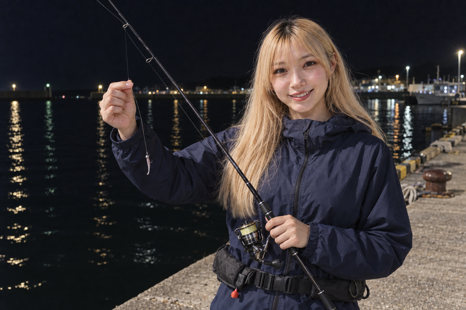 夜の堤防で女性がアジングロッドとジグヘッドワームの仕掛けを確認している様子