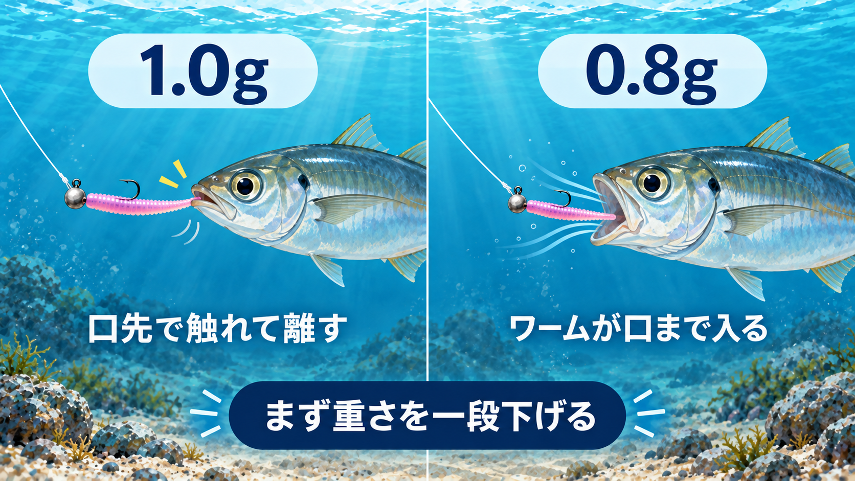 アジがワームを吸い込む場面とジグヘッドを一段軽くする考え方のイメージ図