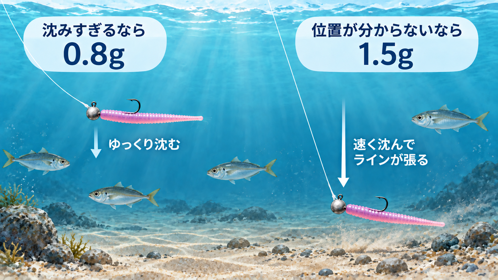 軽いジグヘッドと重いジグヘッドの沈下速度を比べた海中図