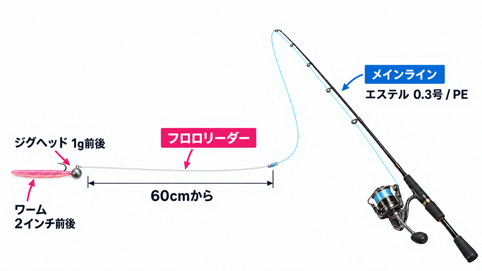 エステルまたはPEのメインラインからフロロリーダー60cmを介してジグヘッド上側のアイへつながるタックル図