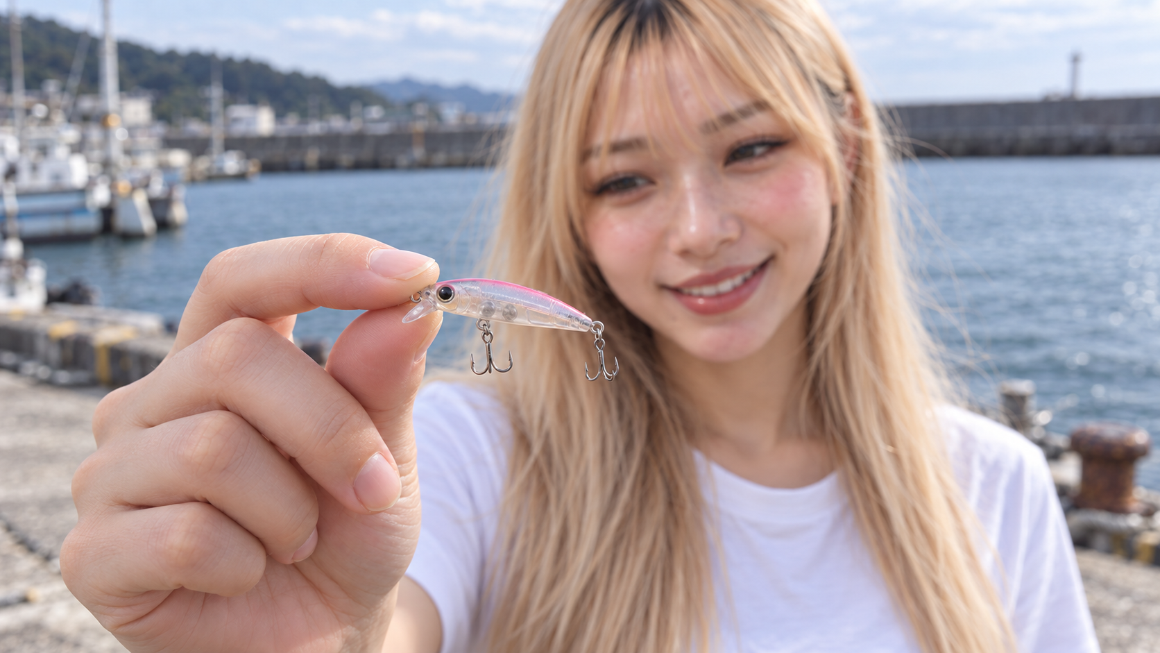 港で404お姉さんが小型ミノーを指で持ち、腹側と尾側に付いた小さな針を見せる接写イメージ