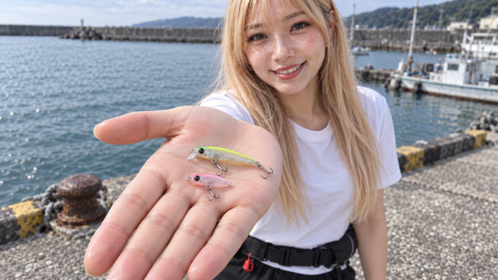 港の堤防で、404お姉さんが短いピンクの小型プラグと長めのチャート系ミノーを手のひらに載せて見せるイメージ