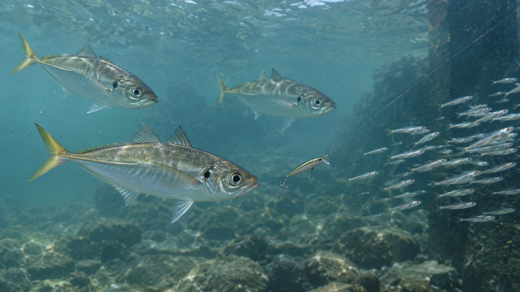 港内の海中で小魚の群れを追うアジと、小型ミノーに近づくアジのイメージ