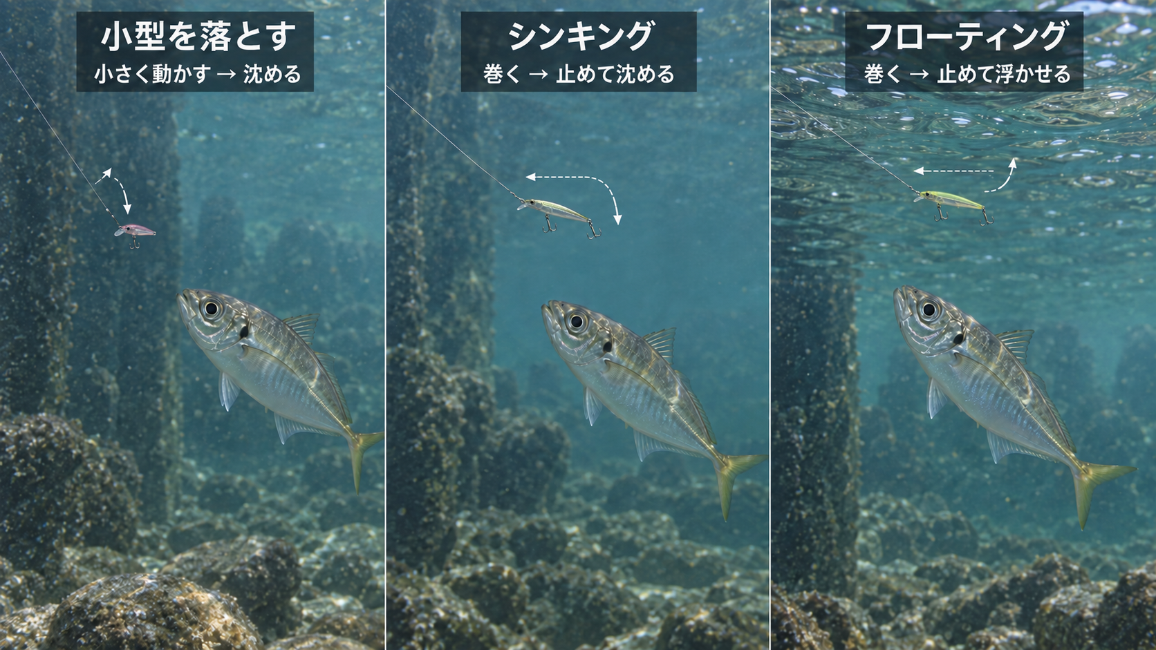小型プラグを動かしてから沈める誘い、シンキングを巻いて止めて沈める誘い、フローティングを巻いて止めて浮かせる誘いを比べる海中イメージ。矢印は動きの概念を示しています