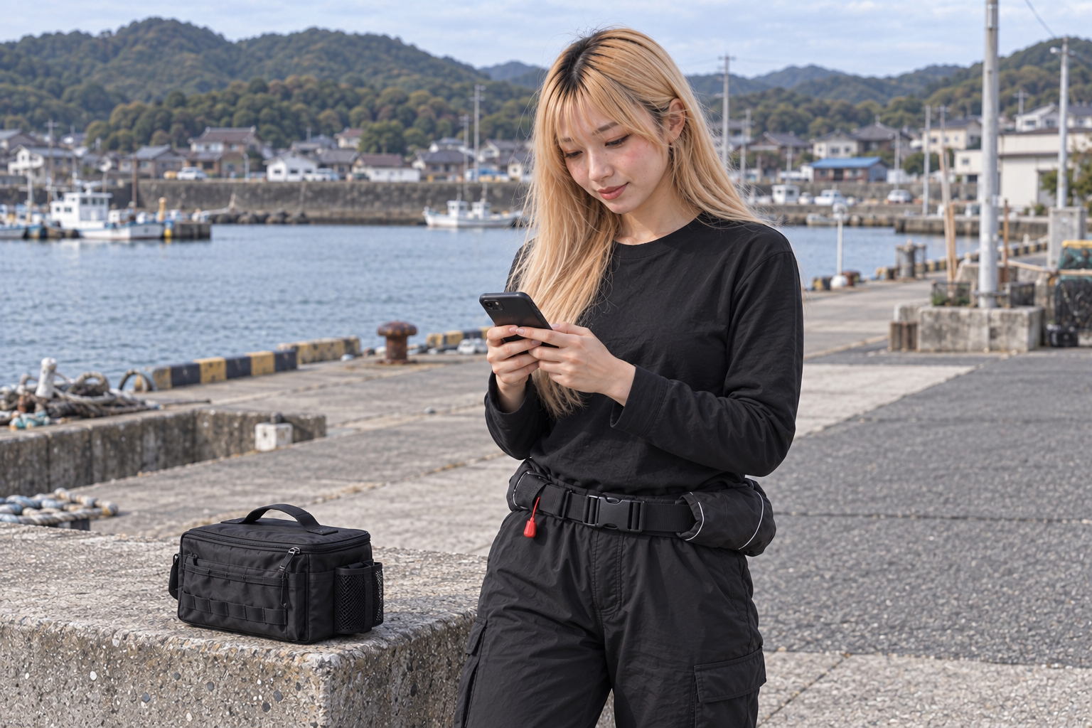 釣行前に港でタックルバッグを横に置き、スマホで釣果を確認する女性のイメージ