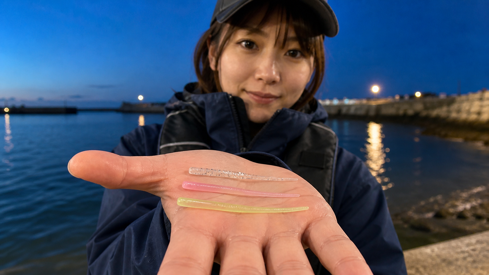 手のひらに1.5〜2インチ前後のアジングワームを載せて見せる様子
