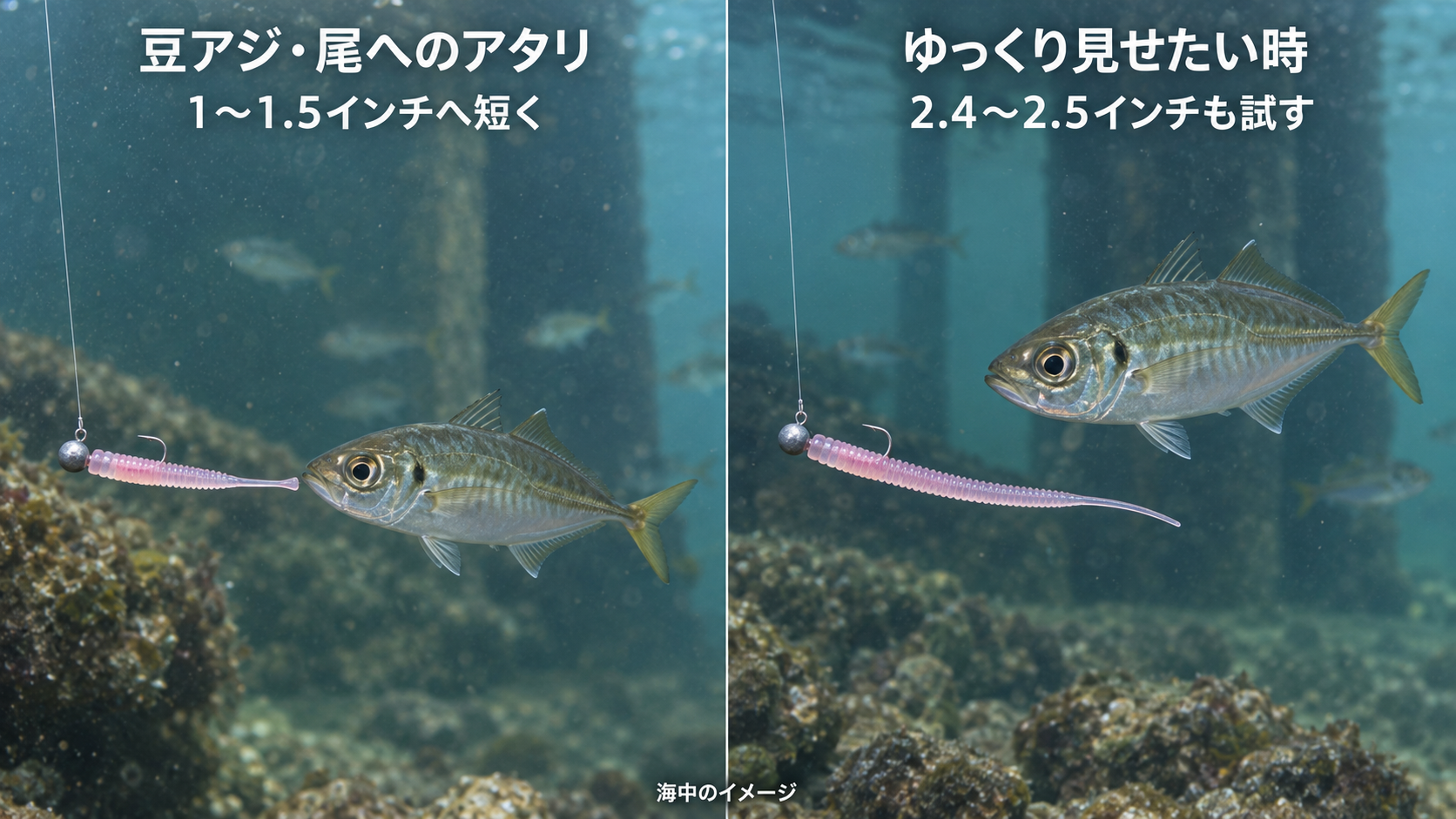 豆アジの尾へのアタリには短いワーム、ゆっくり見せたい時には長めのワームも試す海中のイメージ