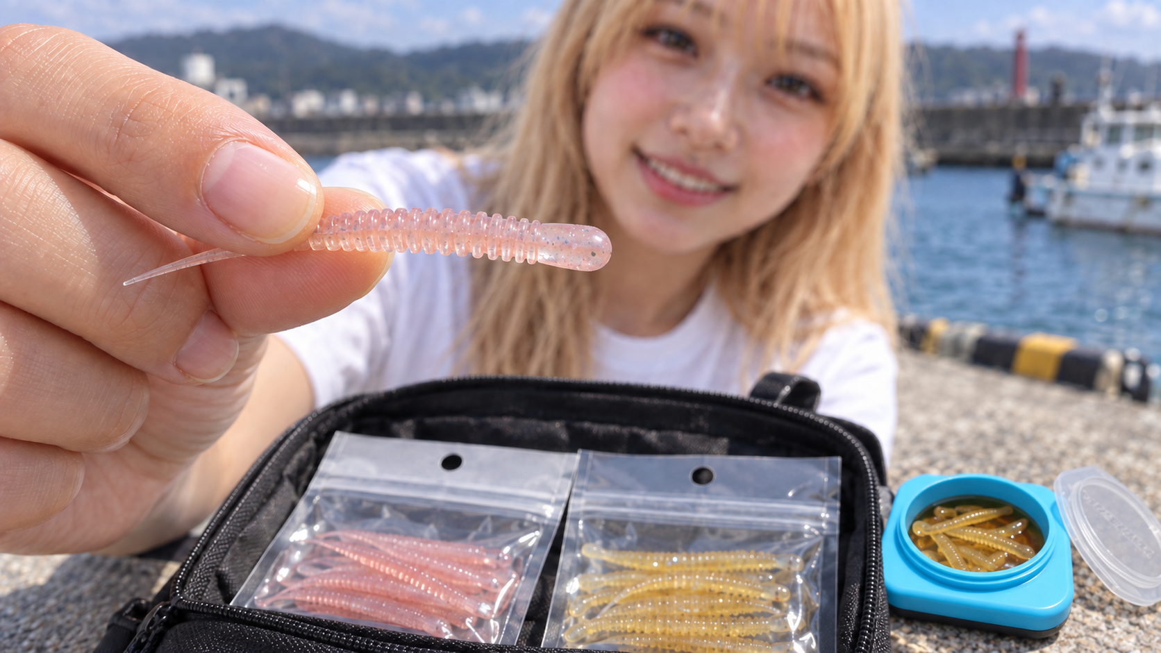 404お姉さんがワームの頭を確認し、ワームを袋ごとに分けて保管する様子と青い液入りケースの写真風イメージ