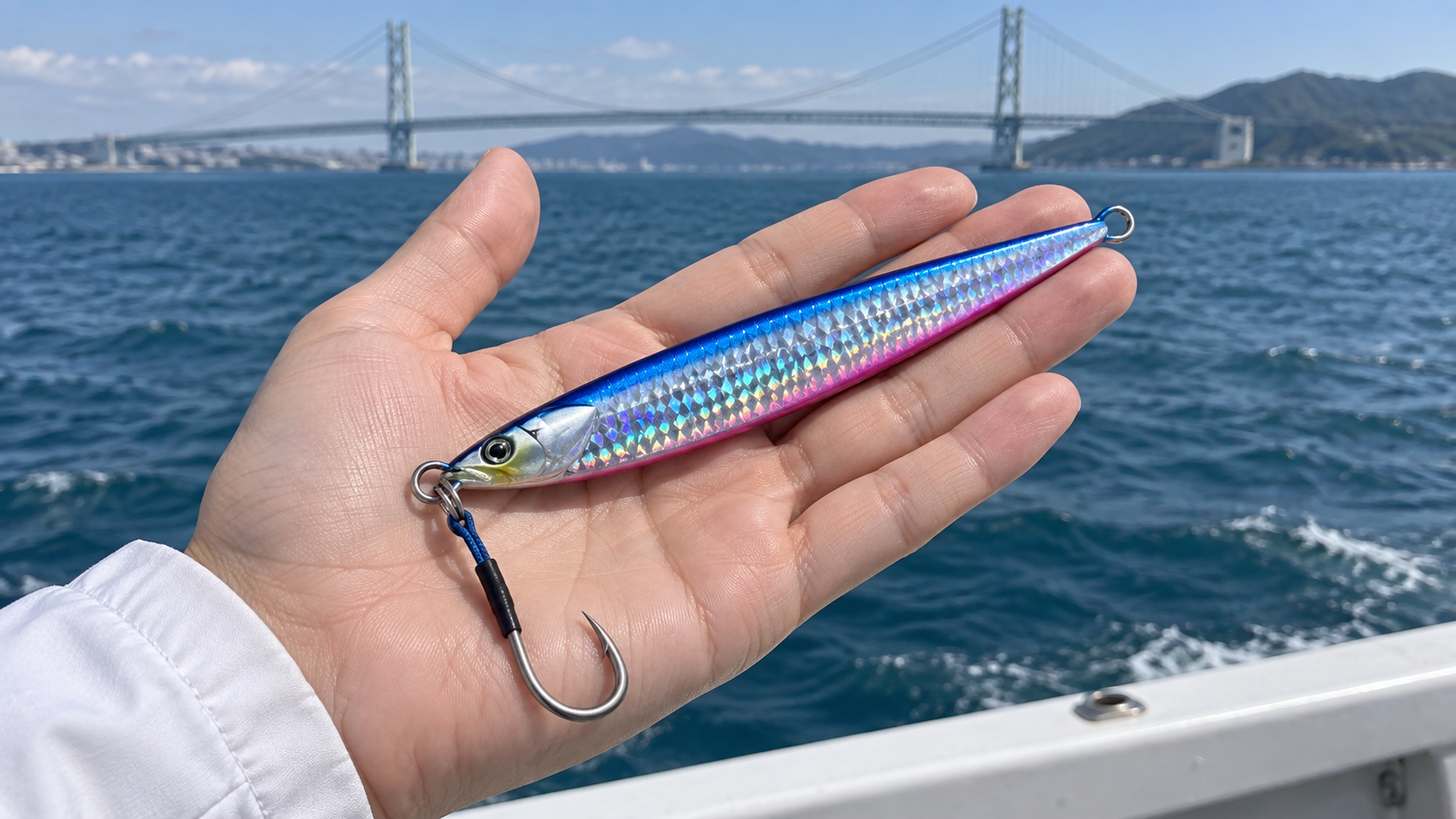 明石海峡大橋を背景にブルピンのメタルジグを手のひらに載せたイメージ
