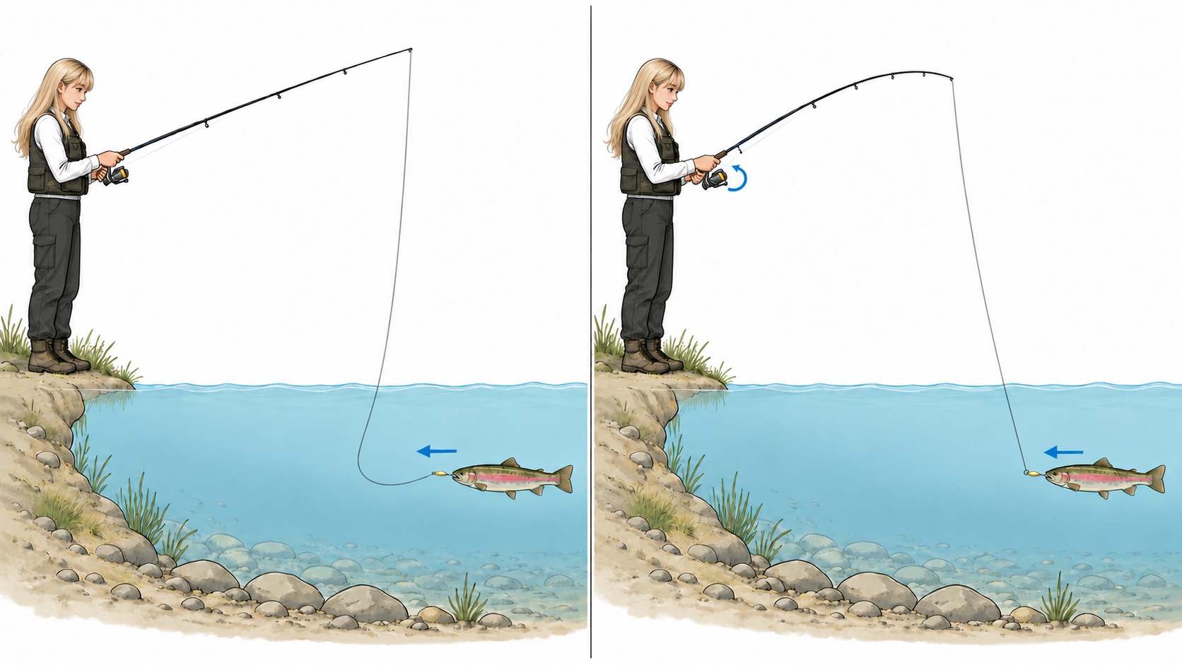 岸へ近づく魚に対して、巻かずに糸がたるんだ状態と巻き取って引きを受ける状態を比較したイラスト