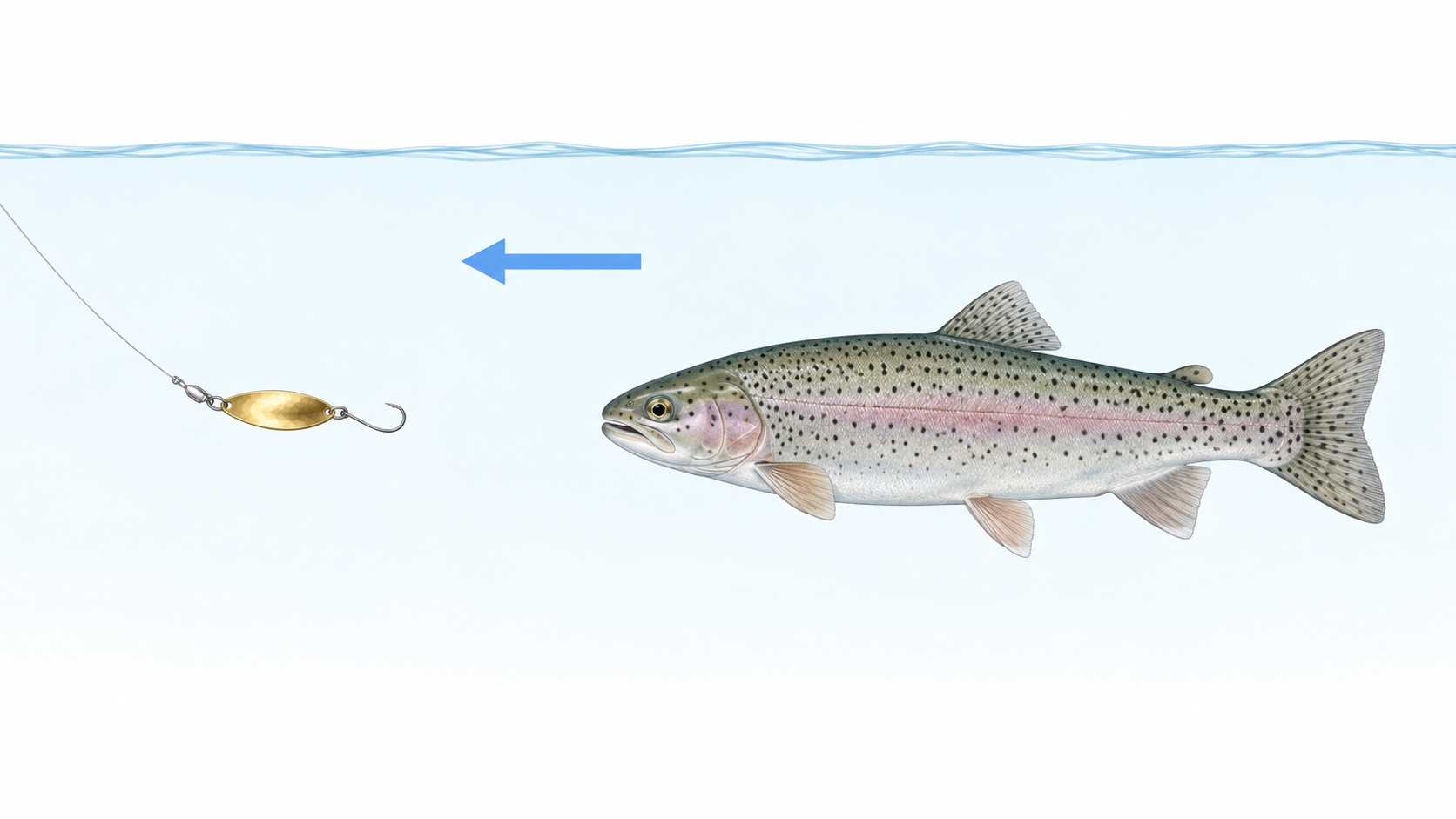 スプーンの後方をニジマスが追い、魚の口とフックの間に距離がある水中イラスト