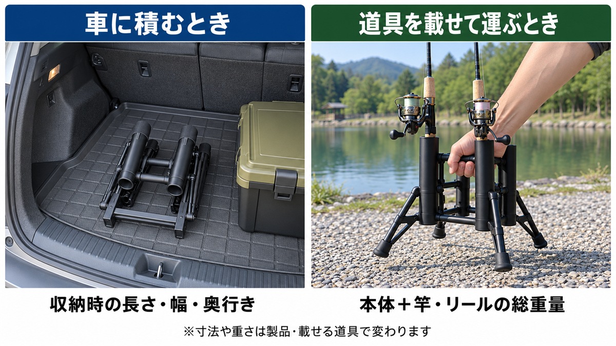 左は空のスタンドを折りたたんで車の荷室へ置いた状態、右は竿とリールを載せたスタンドを持ち上げて運ぶ状態の比較