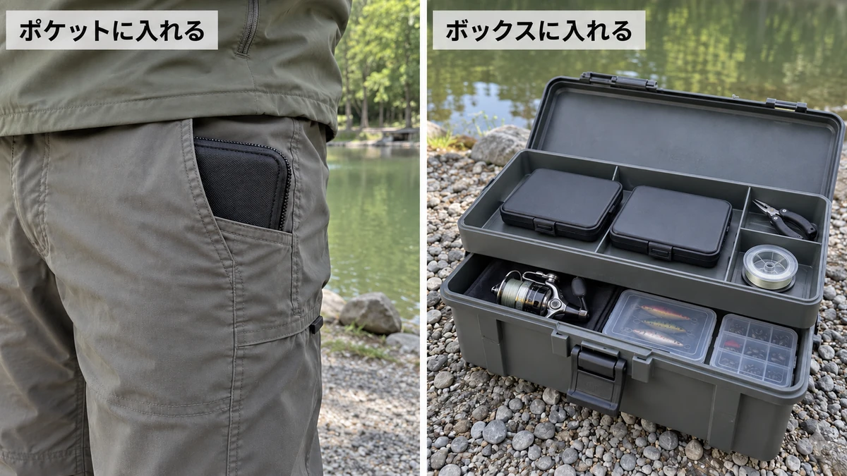 左はポケットに入れた小型ワレット、右はリールなどを下段に入れ、上段に薄型ケースを収めたタックルボックス