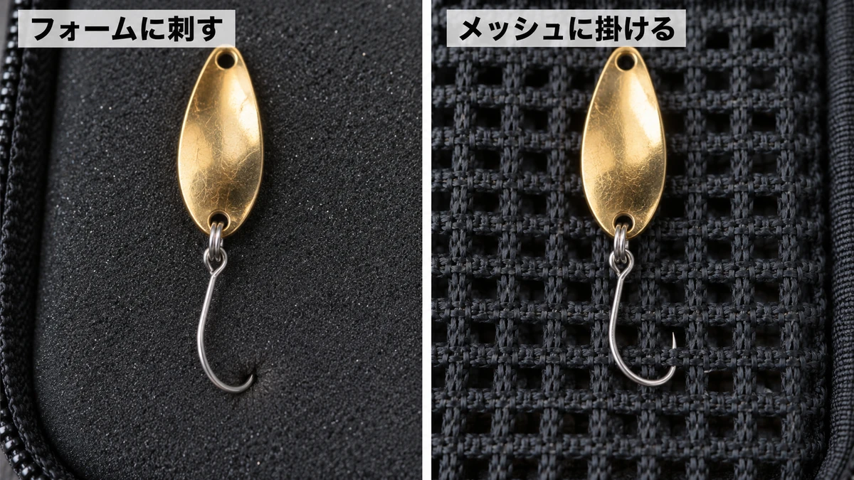左はシングルフックの針先をフォームに刺した状態、右はメッシュの網目にフックを掛けた状態の比較