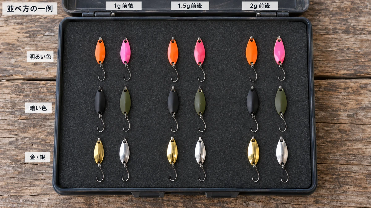 スプーンを1g前後・1.5g前後・2g前後の区画に分け、各区画で明るい色・暗い色・金銀を並べた収納例