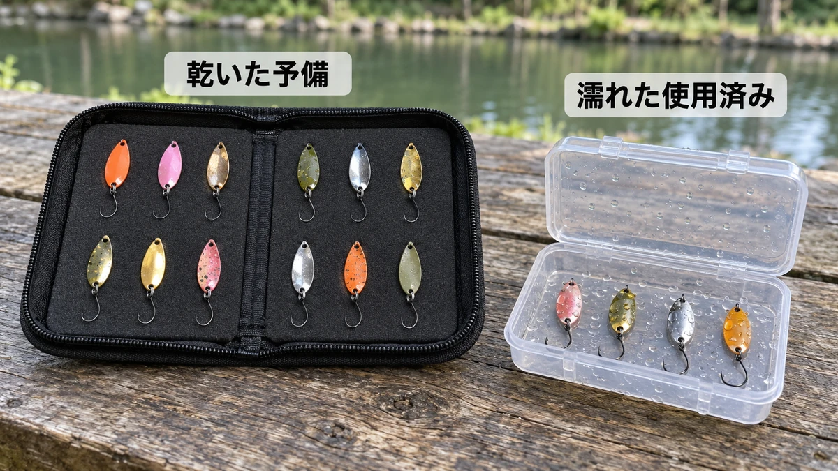乾いた予備のスプーンを入れたワレットと、濡れた使用済みスプーンを分けた別ケース