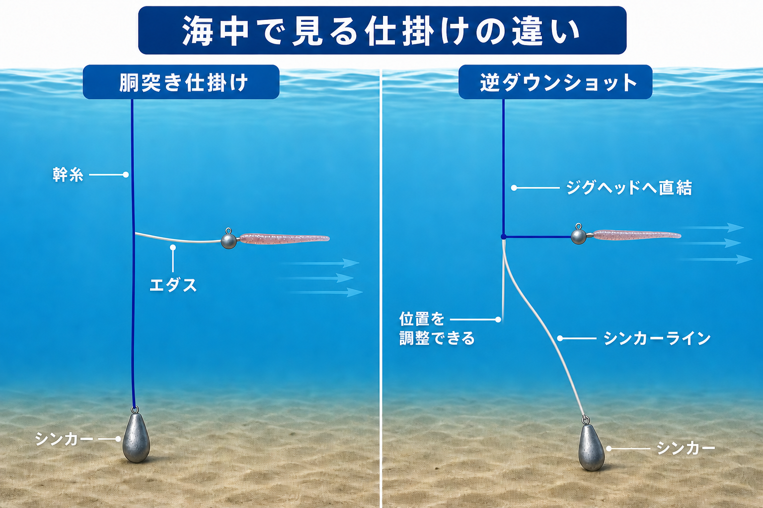 海中で見た胴突き仕掛けと逆ダウンショットの本線・枝線・シンカー位置の違い