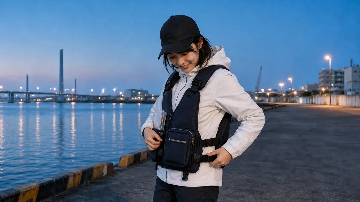 港湾でシーバス用の固型式ゲームベストを着用した釣り人