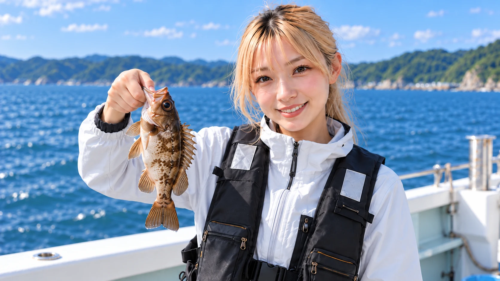 船上でメバルを1匹、下あごを持って見せる女性
