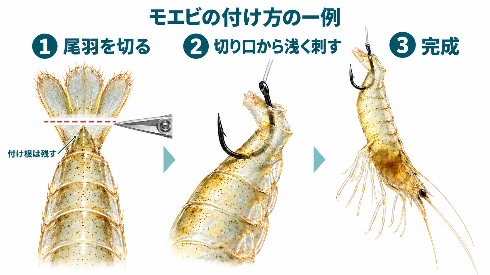 尾の付け根を残して尾羽を切り、切り口から浅く針を刺すモエビの付け方の一例