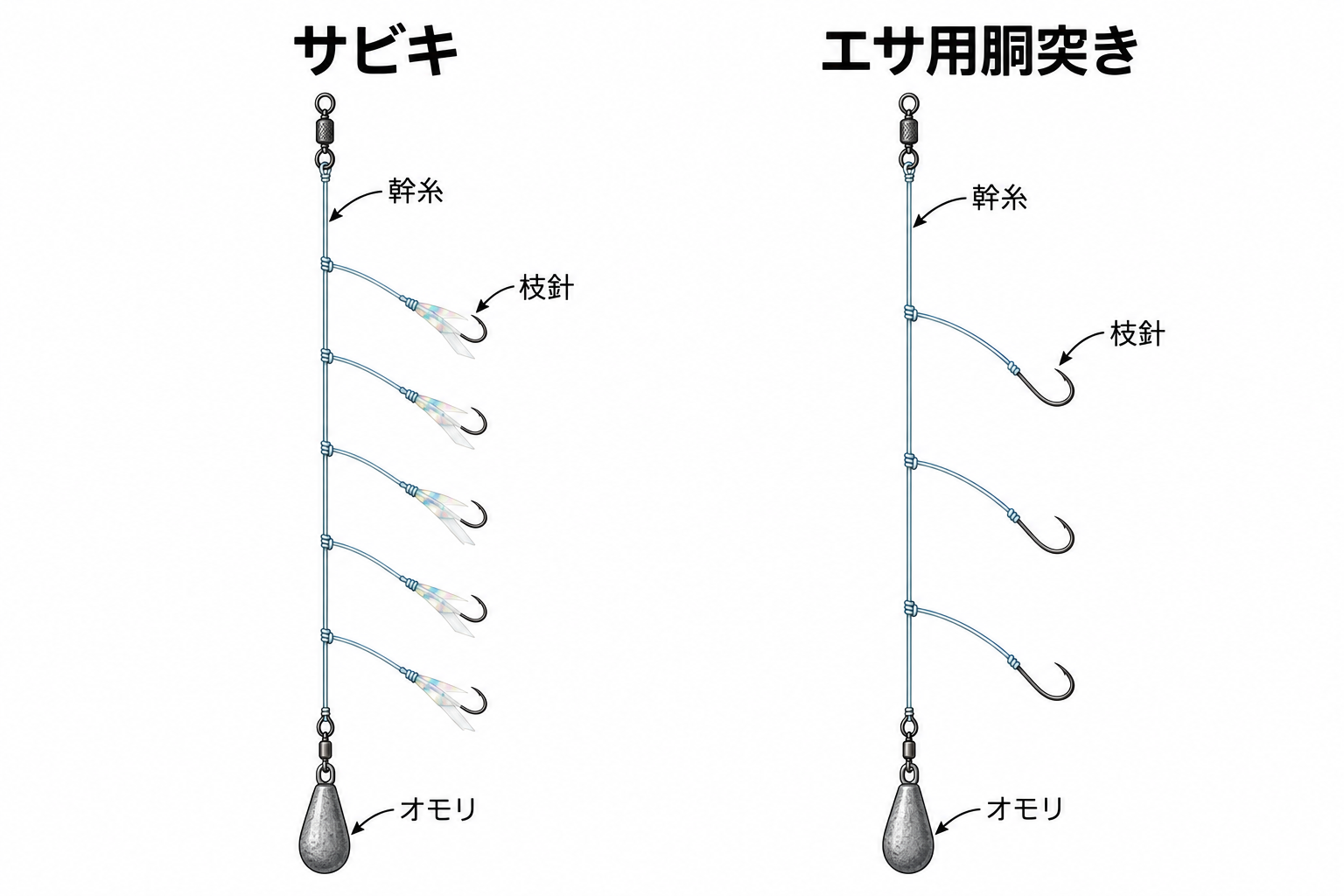 船メバル用サビキとエサ用胴突きを並べた仕掛け図。サビキは魚皮付きの枝針、エサ用胴突きはエサを付ける枝針が幹糸から分かれ、どちらも最下部にオモリが付く