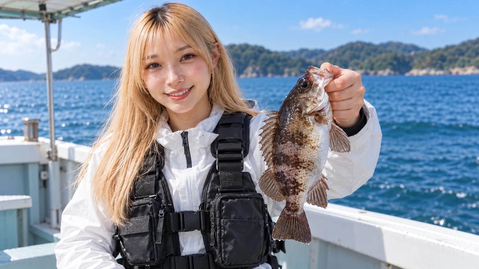 船上でメバルを1匹持ち、釣果を見せる女性