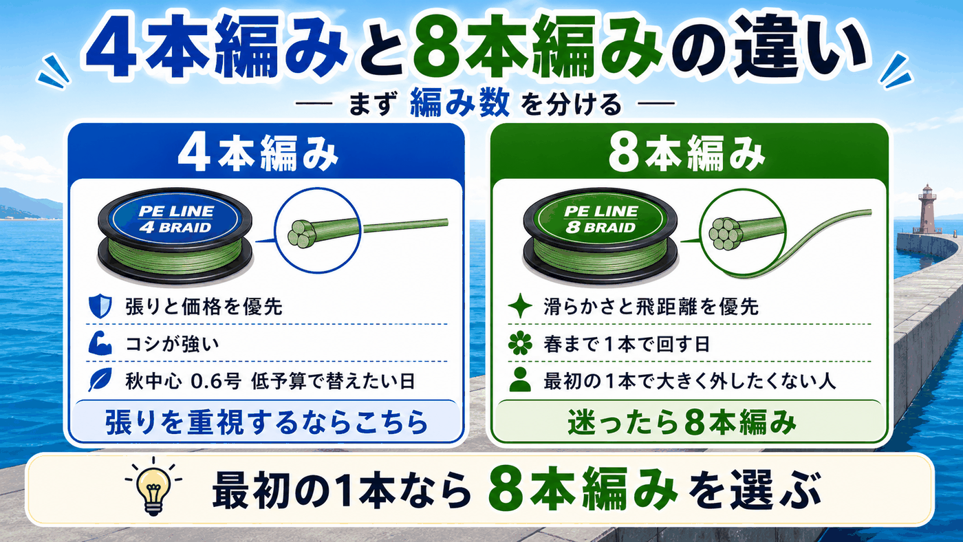エギングPEラインの4本編みと8本編みの違い