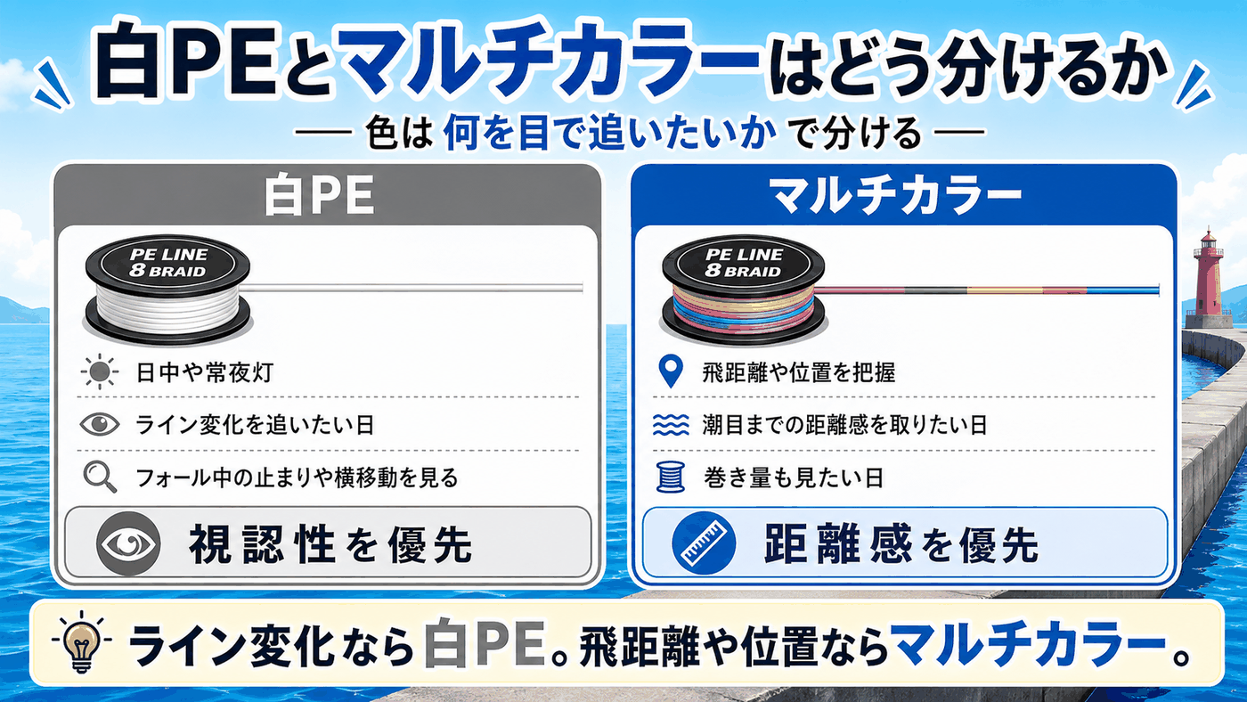 白色と色分けされたエギングPEラインの見え方