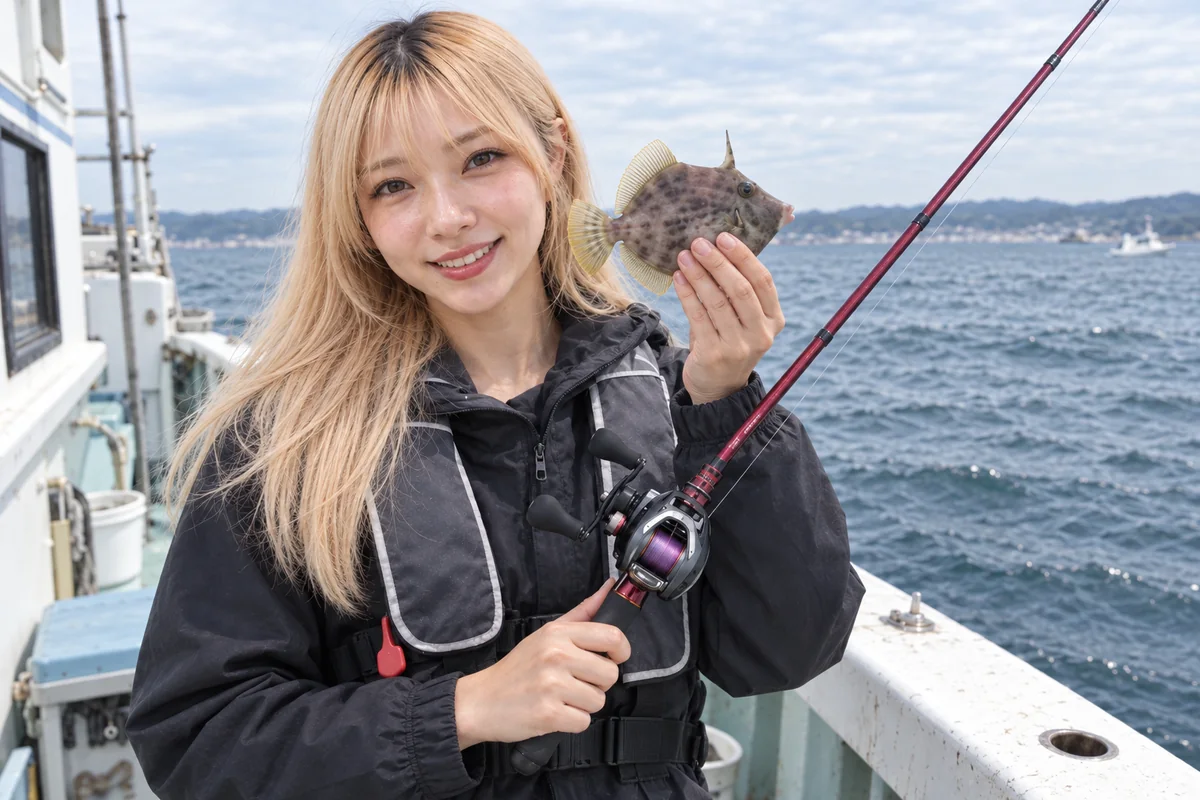 赤いカワハギ竿と小型両軸リールを持ち、釣果のカワハギを見せる女性