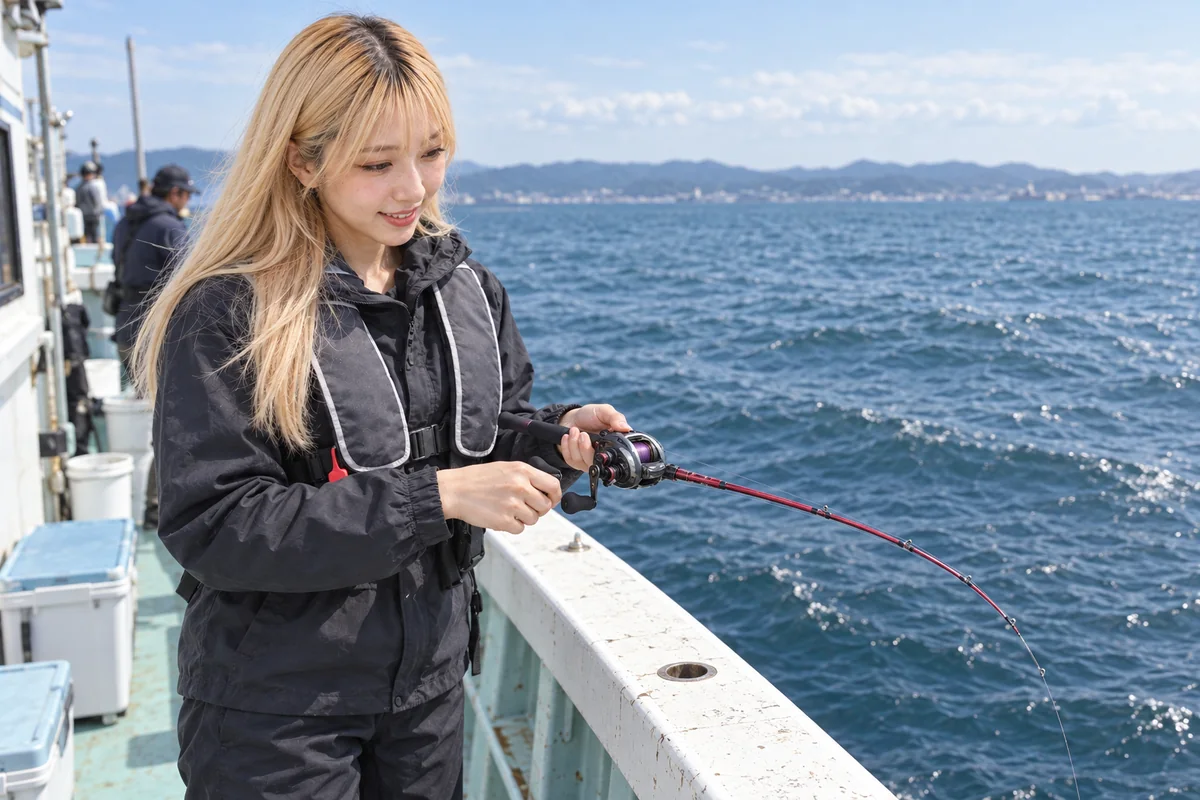 赤いカワハギ竿と小型両軸リールで船から釣る女性