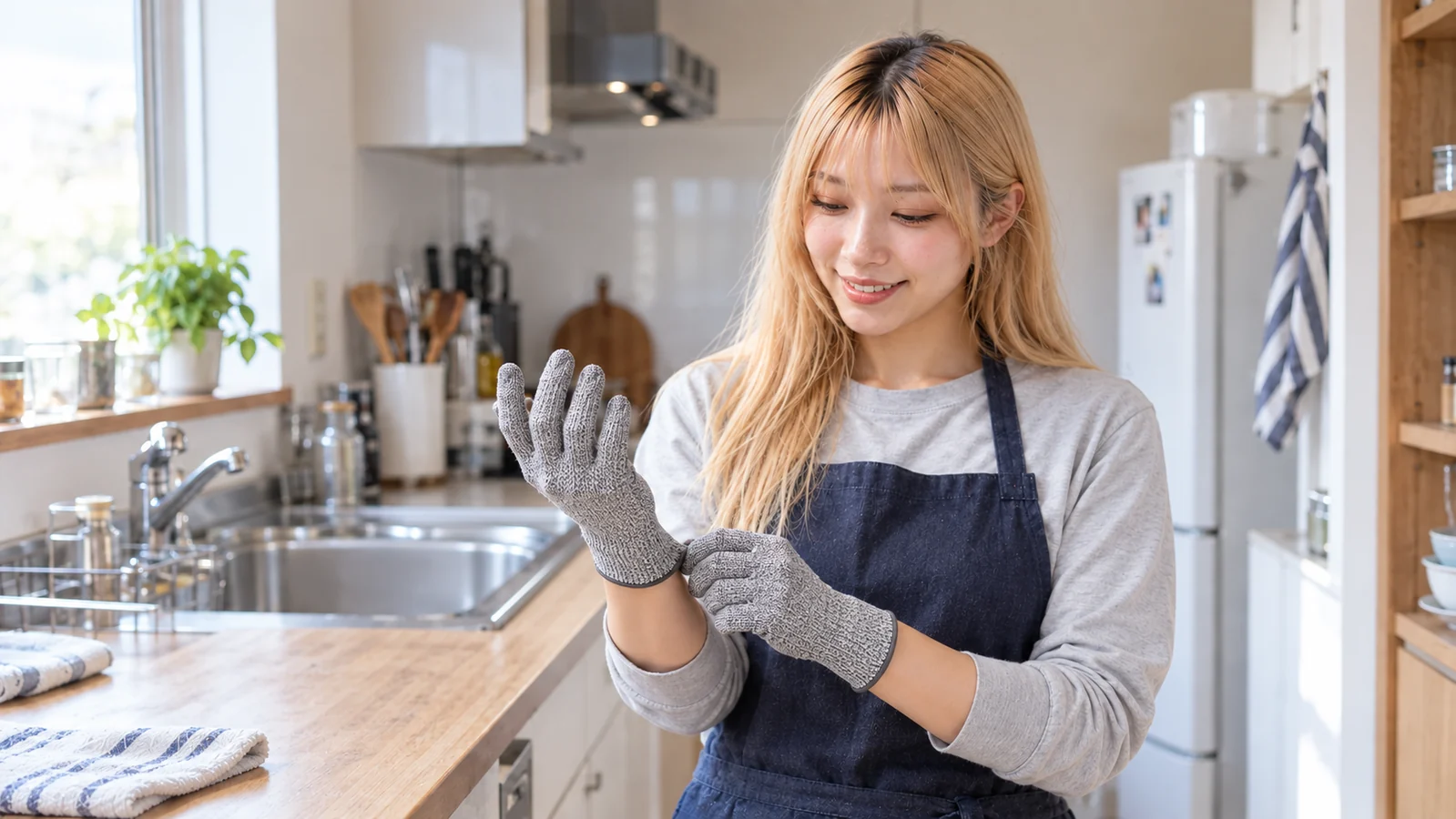 キッチンでグレーの耐切創手袋を着ける様子