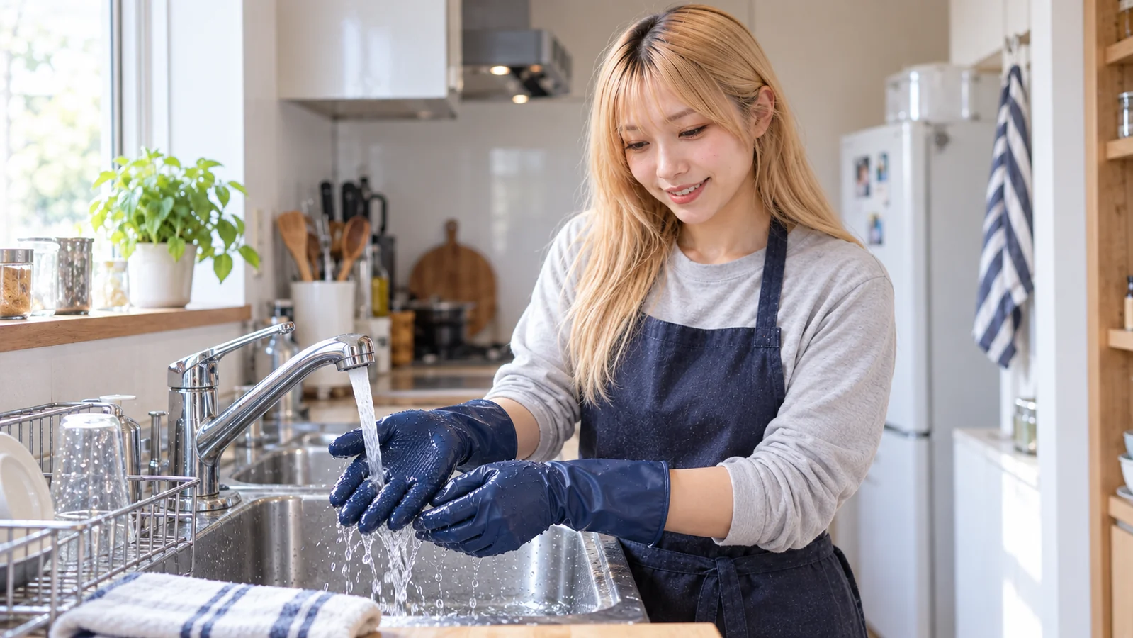 キッチンで再使用できる手袋を流水で洗う様子