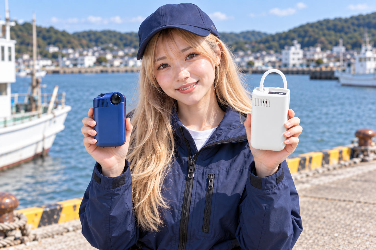 青い乾電池式エアーポンプと白い充電式エアーポンプを持って比較する女性