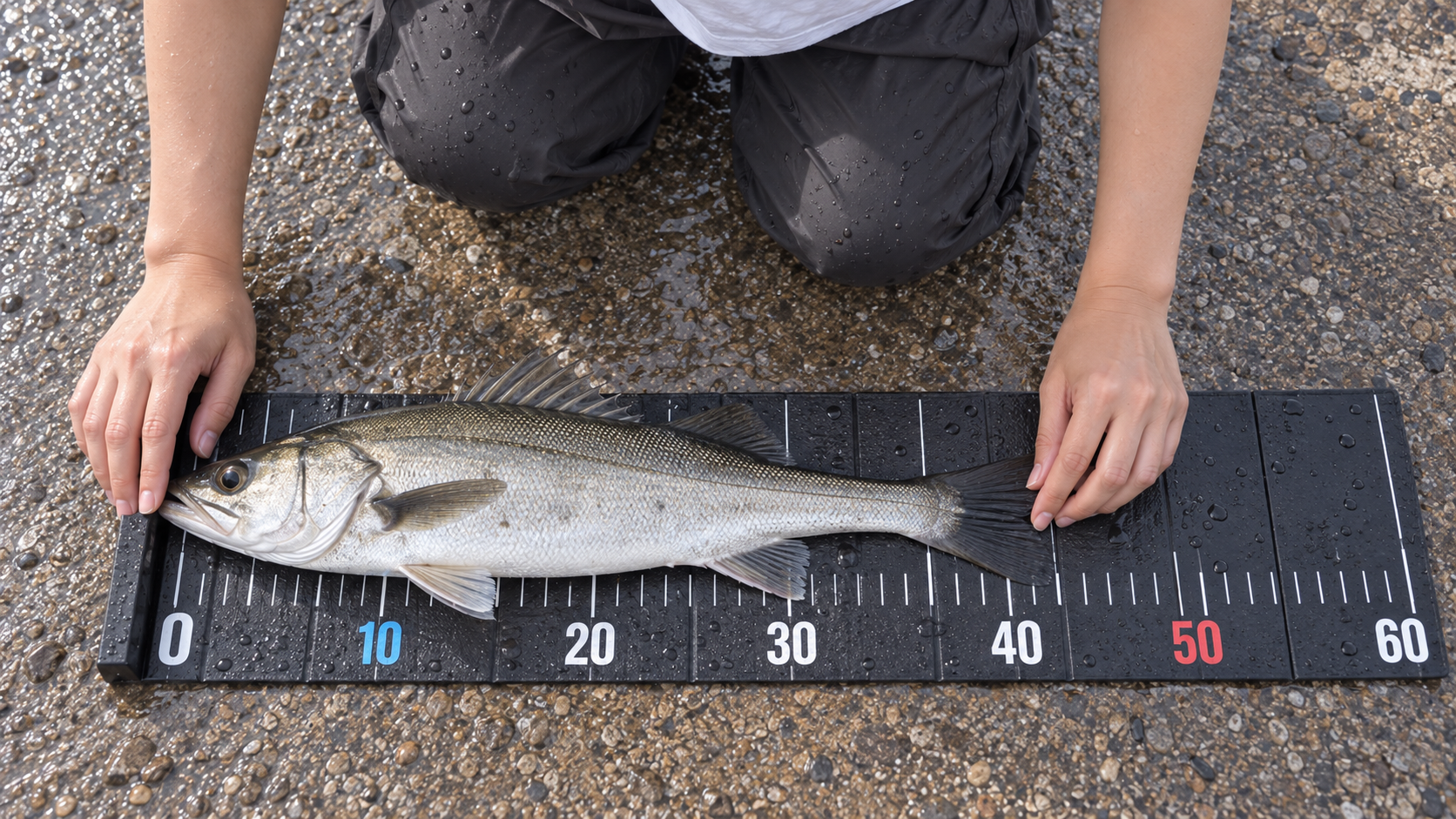 濡らしたフィッシングメジャーの0cmへ魚の口先を当て、尾びれをそろえて測る様子