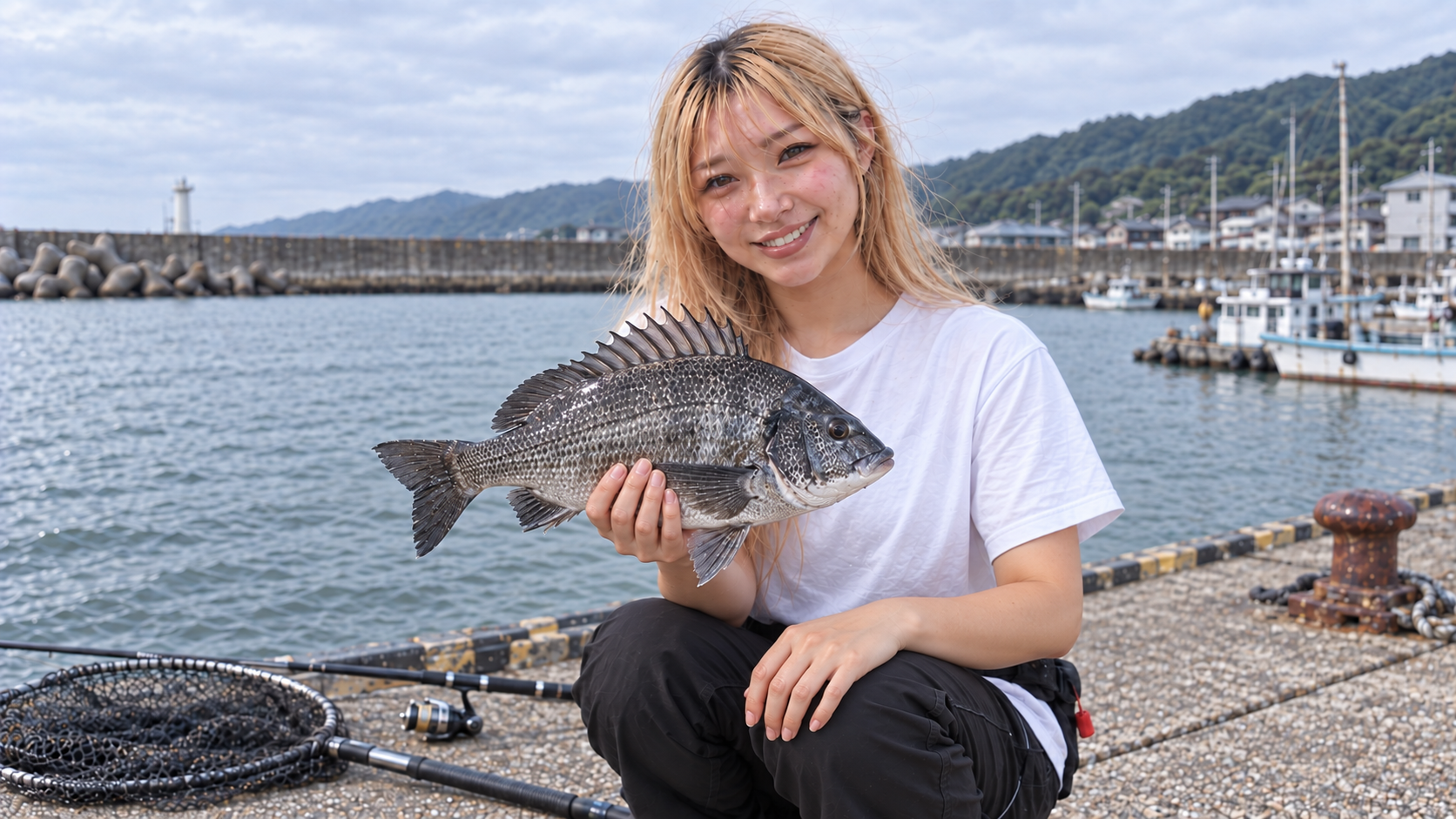 防波堤で釣り上げたチヌを片手で持つ女性