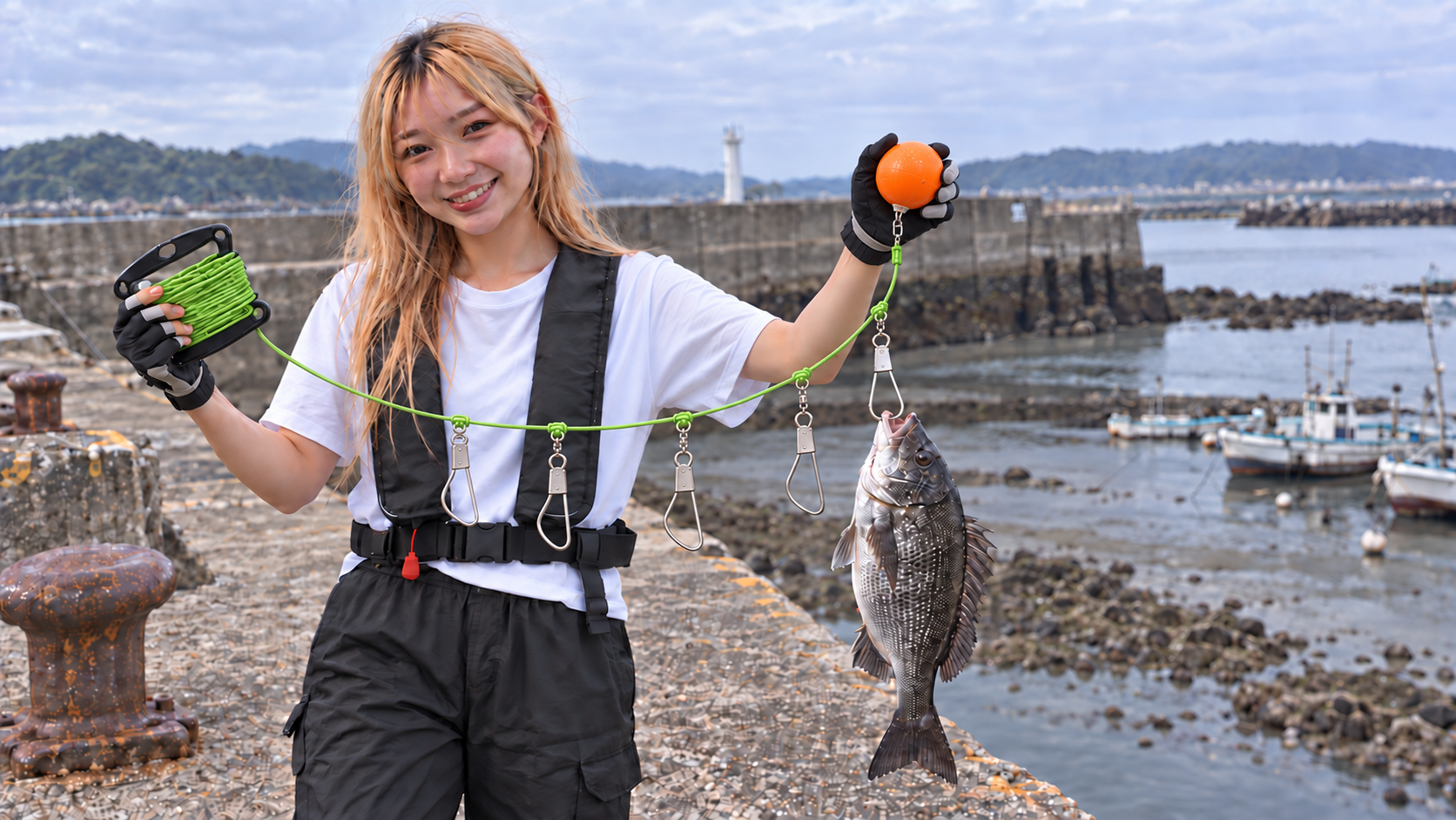 干潮時の水面に届く緑ロープと5本のストリンガーフックを持つ女性