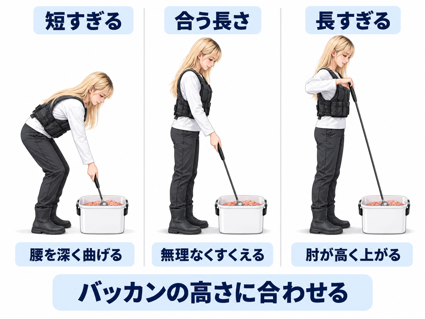 短すぎる杓では腰を深く曲げ、長すぎる杓では肘が上がる姿勢と、無理なくすくえる長さを比較した模式図