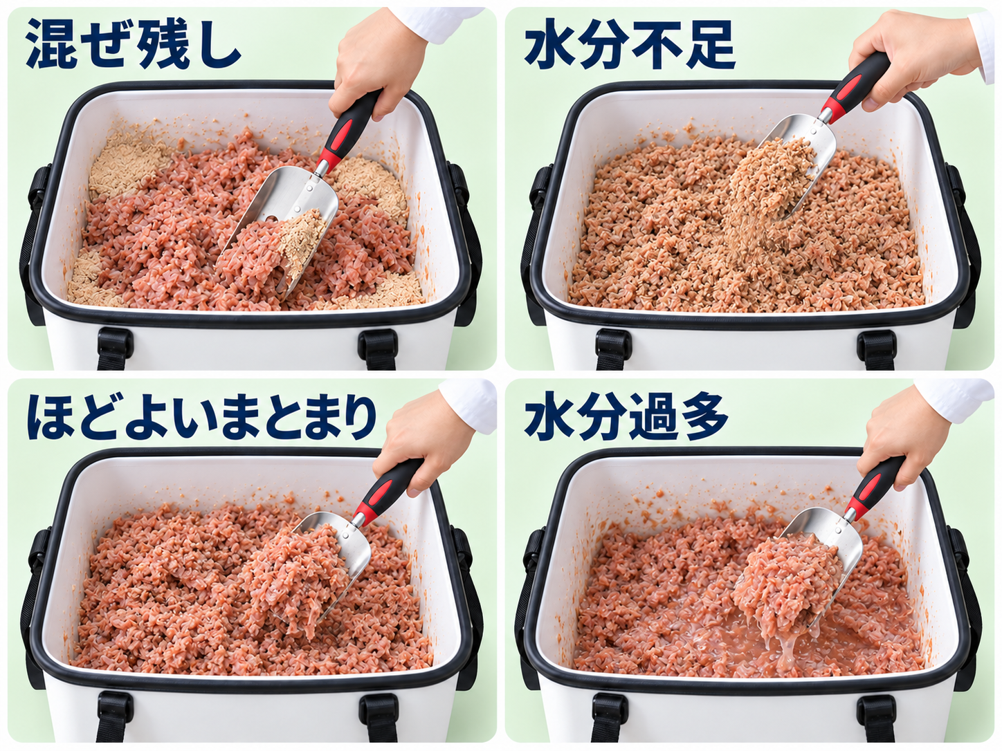 マキエの混ぜ残し、水分不足、ほどよいまとまり、水分過多の違いを示した模式図