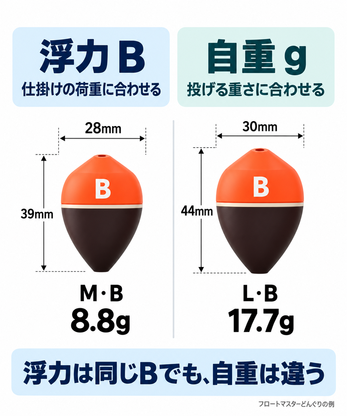 同じ浮力Bでも、フロートマスターどんぐりのMは自重8.8g、Lは17.7gとなる違いを示した図