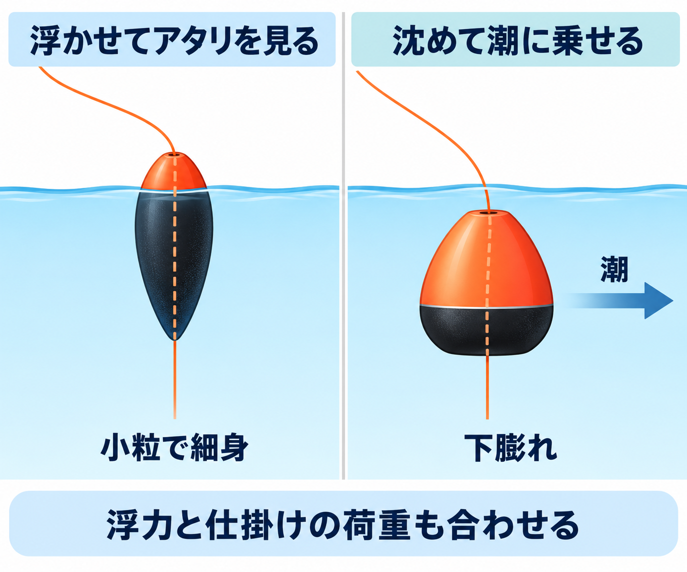 小粒で細身のウキを浮かせてアタリを見る釣りと、下膨れのウキを沈めて潮に乗せる釣りの模式図