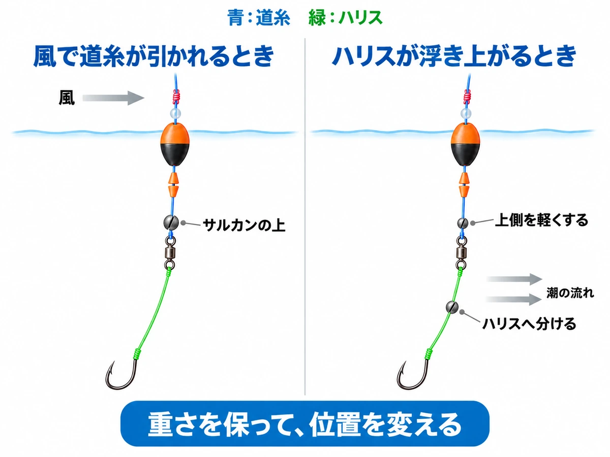 サルカン上の道糸に付けるガン玉と、ハリスへ荷重を分ける例