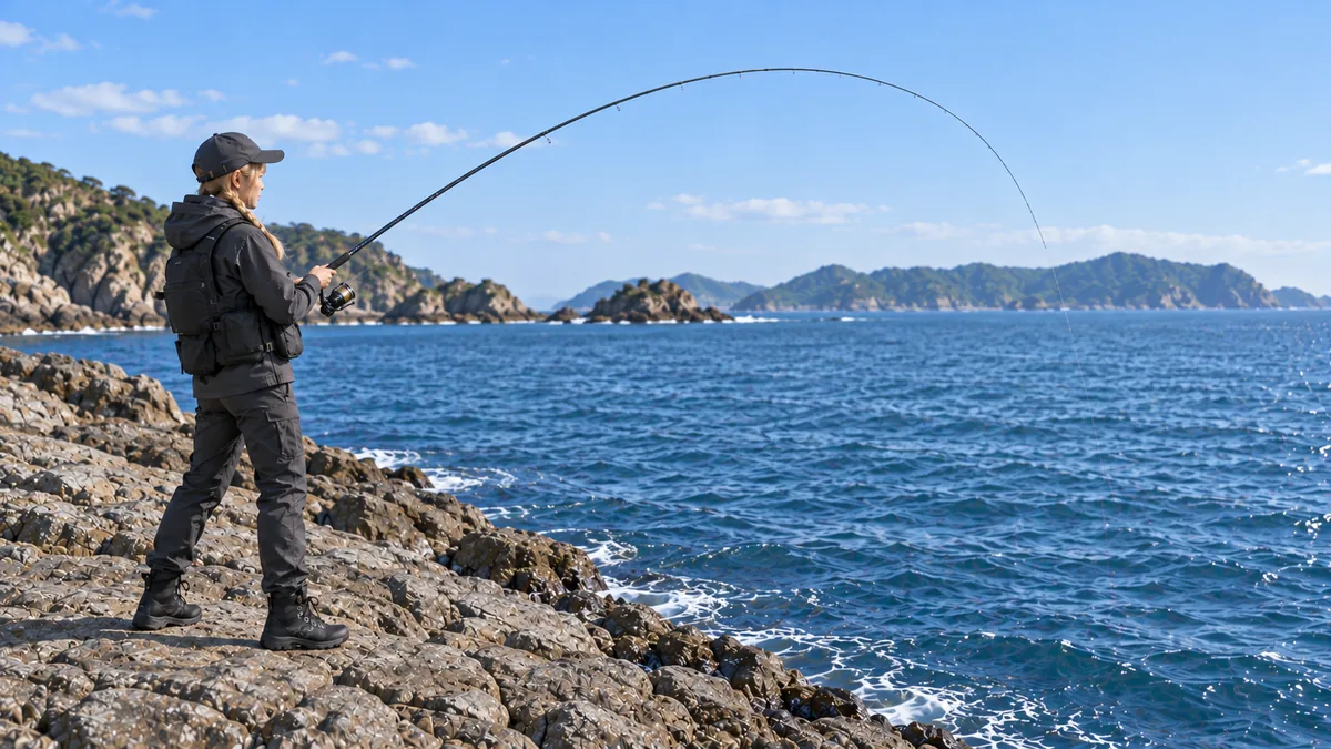 磯竿を胴から曲げながら魚とやり取りする場面のイメージ