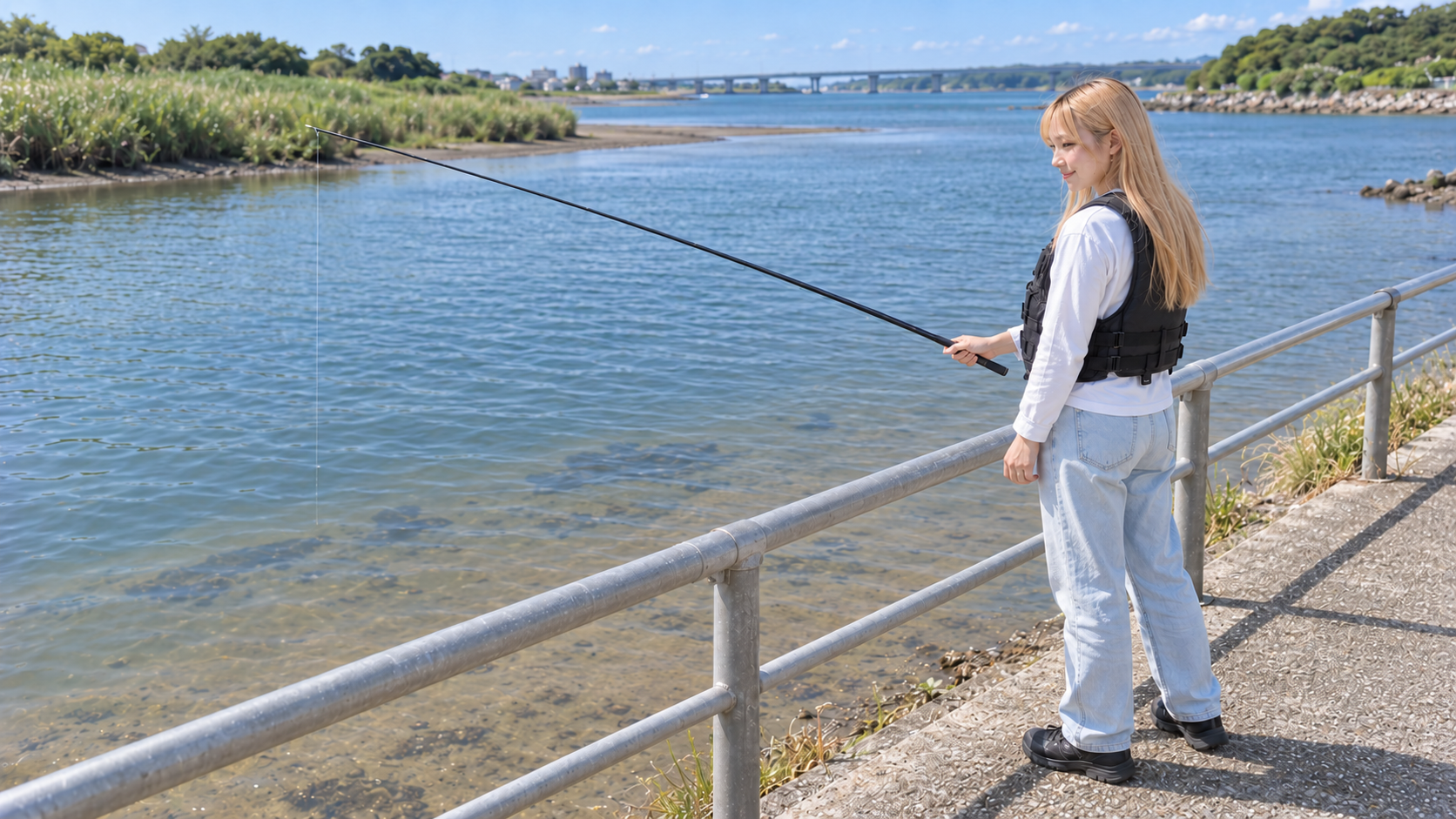 黒いフローティングベストを着た404お姉さんが、足場のよい護岸から浅い河口を延べ竿で狙うイメージ