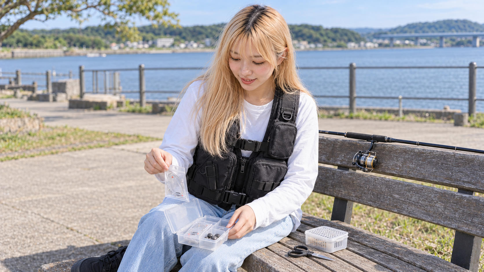 黒いフローティングベストを着た404お姉さんがケースから仕掛けを取り出して準備するイメージ