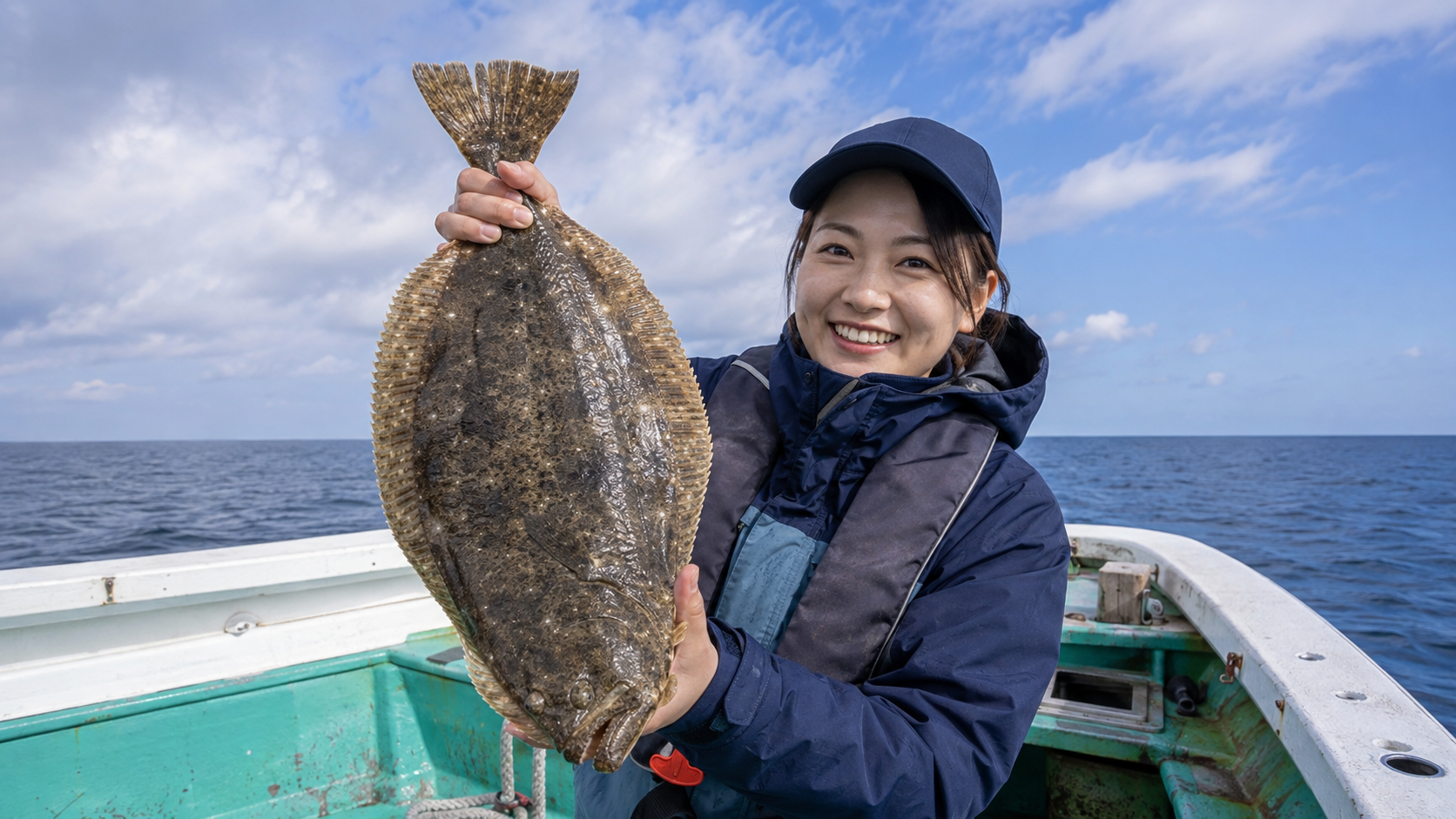 船上で大きなヒラメを両手で支え、釣果を見せる女性のイメージ