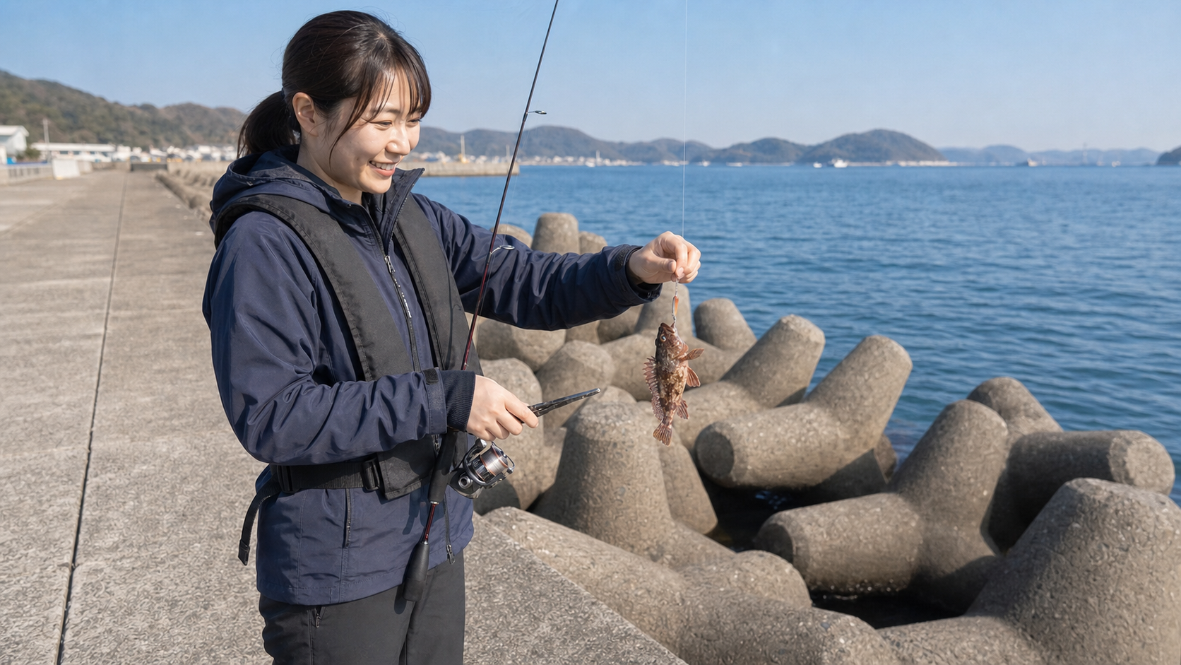 穴釣りで釣れた小さなカサゴを見ながら針を外そうとする女性