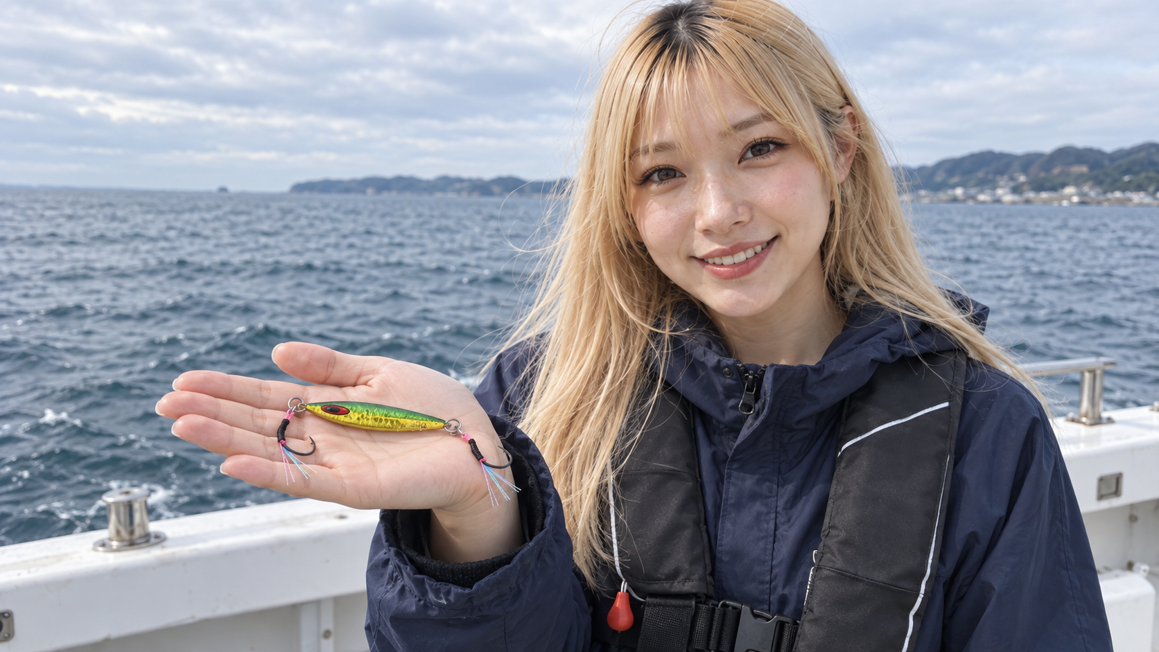 船上でアシストフック付きの小型ジグを手のひらに載せて見せる女性